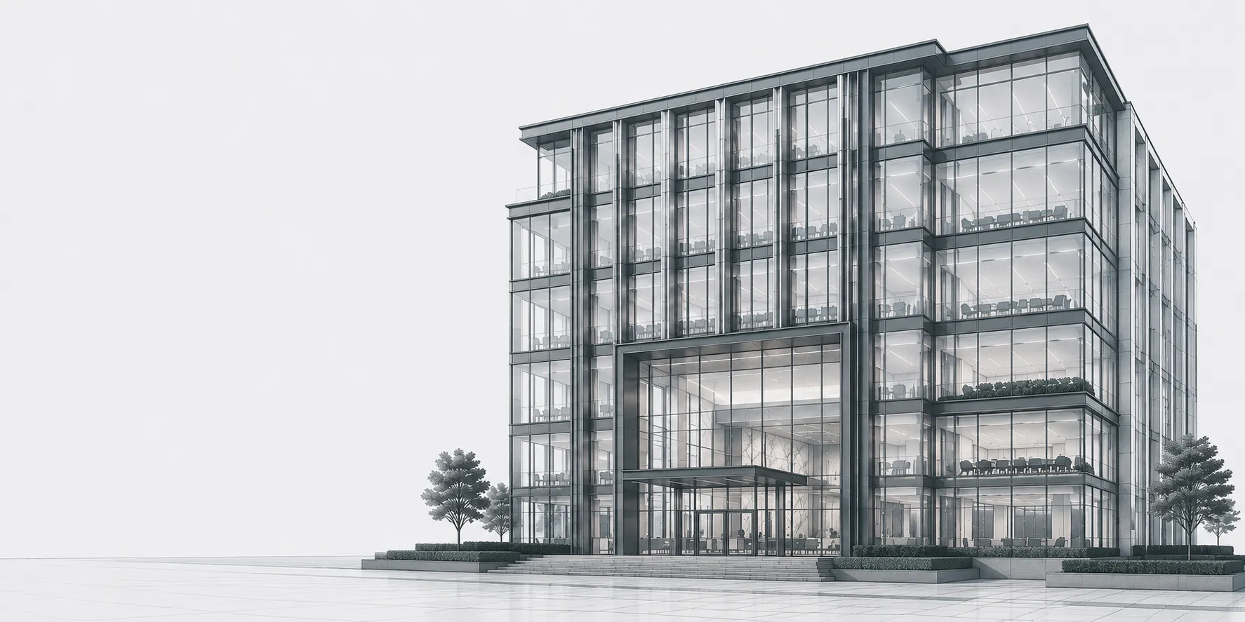 Architektoniczna ilustracja nowoczesnego biura symbolizująca struktury właścicielskie, funkcjonowanie spółek i obsługę przedsiębiorców